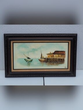 Coastal Pier Oil Painting On Canvas  in Teal and Brown Signed Rio 20x32" Framed